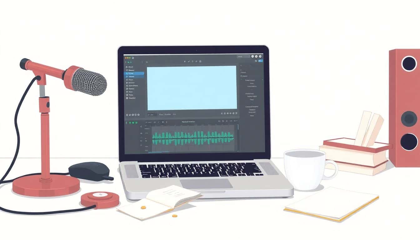 A vintage microphone and an open laptop with audio editing software on a minimalistic desk, surrounded by scattered notes and a coffee cup, in soft pastel colors.