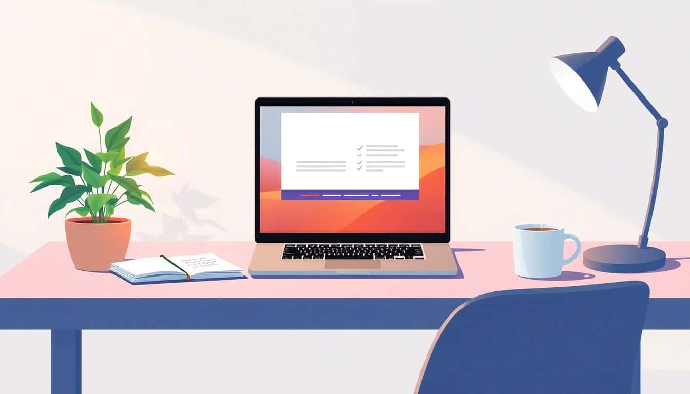 A serene workspace featuring a sleek desk with an open laptop displaying a colorful webinar presentation slide, accompanied by a potted plant, a notebook with notes, and a steaming cup of coffee, all set against a soft, minimalistic background with gentle lighting.