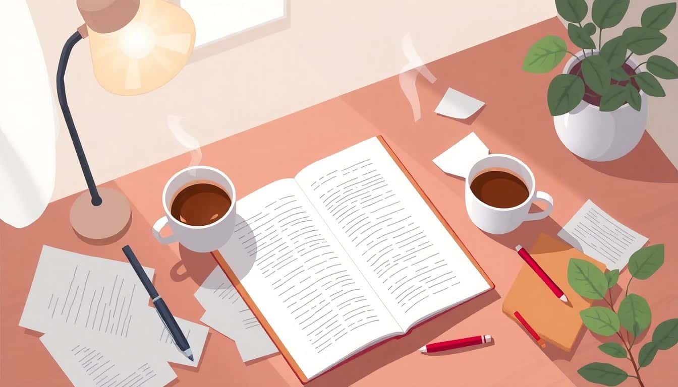 Minimalist illustration of a writer's workspace with an open manuscript, scattered papers, a steaming cup of coffee, a red pen, a notebook, and a plant, all under soft, warm lighting.