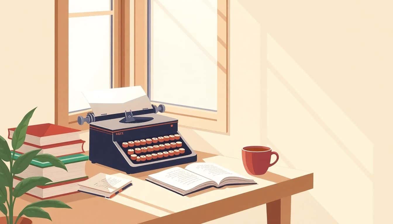 Cozy writing nook with a vintage typewriter, a stack of books, and a warm cup of coffee, illuminated by soft sunlight filtering through a window.