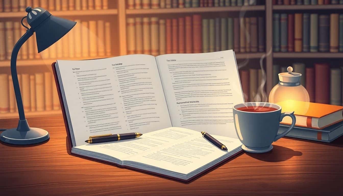 Workspace illustration with an open notebook, elegant pens, and a steaming cup of tea or coffee, bathed in soft light, with bookshelves in the background.