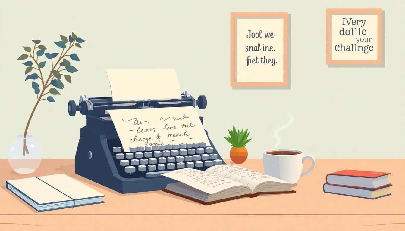 A serene desk scene featuring a vintage typewriter, an open notebook with scribbled notes, and a steaming cup of coffee, set against a minimalistic pastel-colored background. A small plant and a framed motivational quote are included in the composition.