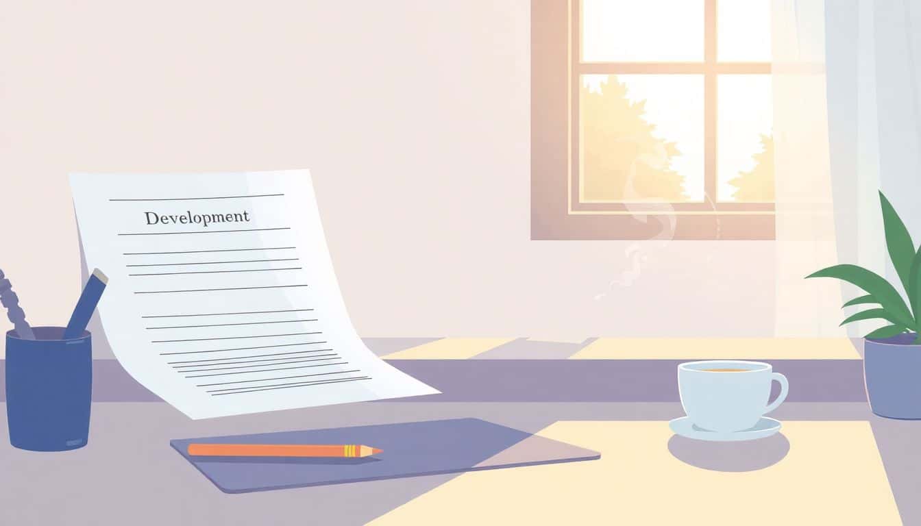 A serene workspace featuring a neatly organized desk with a character development worksheet, a pencil, and a steaming cup of tea, illuminated by soft sunlight filtering through a window.