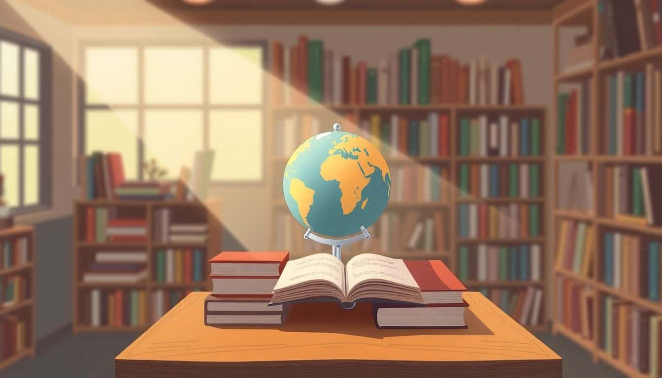 Cozy bookshop scene with a wooden table displaying a globe and well-organized books, illuminated by a gentle beam of light; softly blurred background in warm colors.
