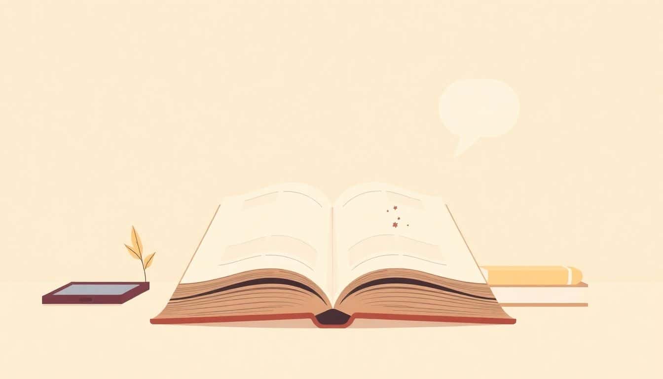 A minimalist illustration featuring an open book at the center, surrounded by a quill pen, a digital tablet, and a speech bubble, all in warm pastel colors, symbolizing storytelling and the journey of building an author brand.