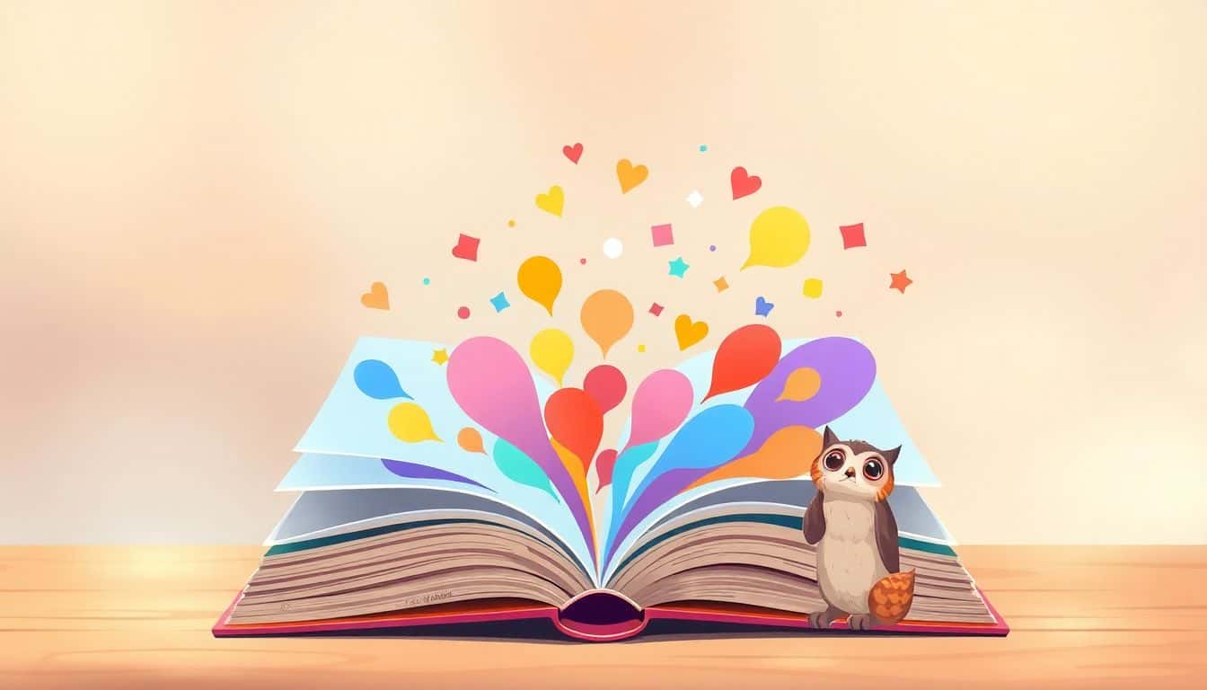 An open book with vibrant, colorful pages surrounded by abstract shapes, with a curious cat sitting beside it against a softly blurred gradient background.