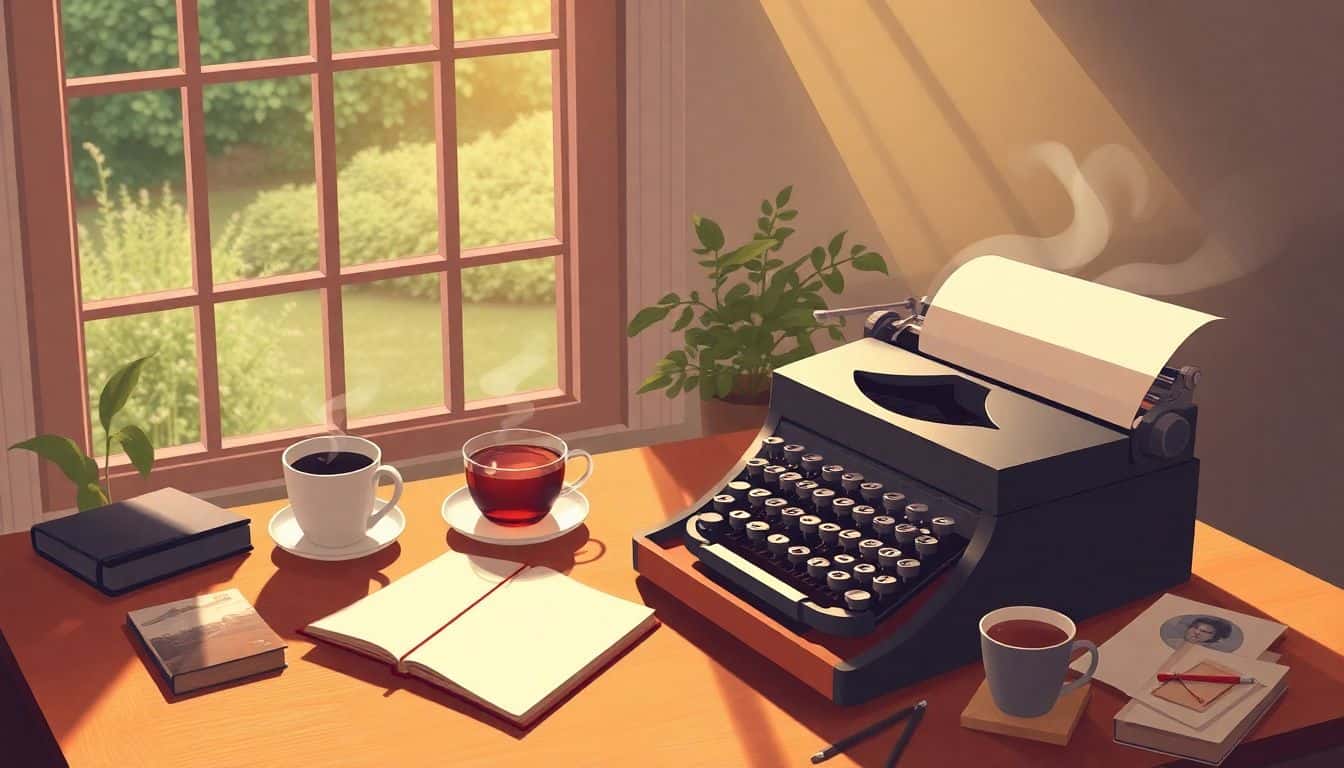 Cozy writing desk with an open notebook and vintage typewriter, a steaming cup of tea, scattered letters and photographs, and a window revealing a tranquil garden.