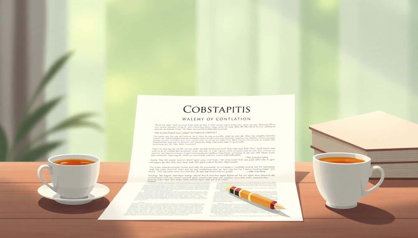 A serene desk with an open contract document, a quill pen, and a cup of tea, set in a softly blurred background with gentle lighting.