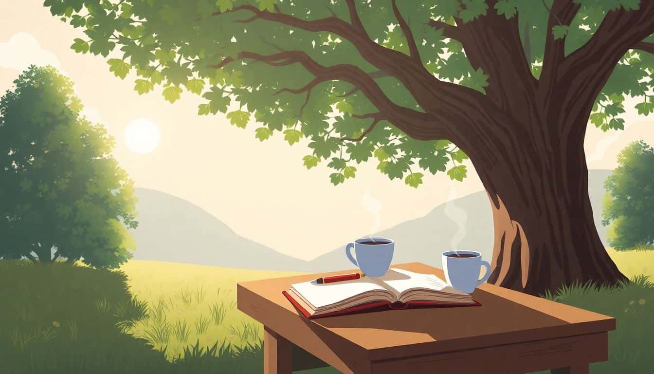 A serene landscape featuring a cozy writing desk under a large tree, with an open notebook, a pen, and a steaming cup of coffee. Soft sunlight filters through the leaves, creating a warm and hopeful atmosphere.
