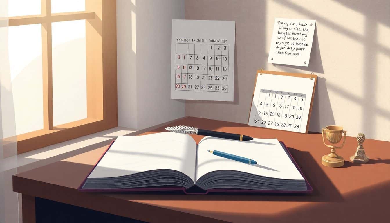 Open notebook and quill in a serene setting with soft natural light, a calendar with marked contest dates, and a small trophy nearby.