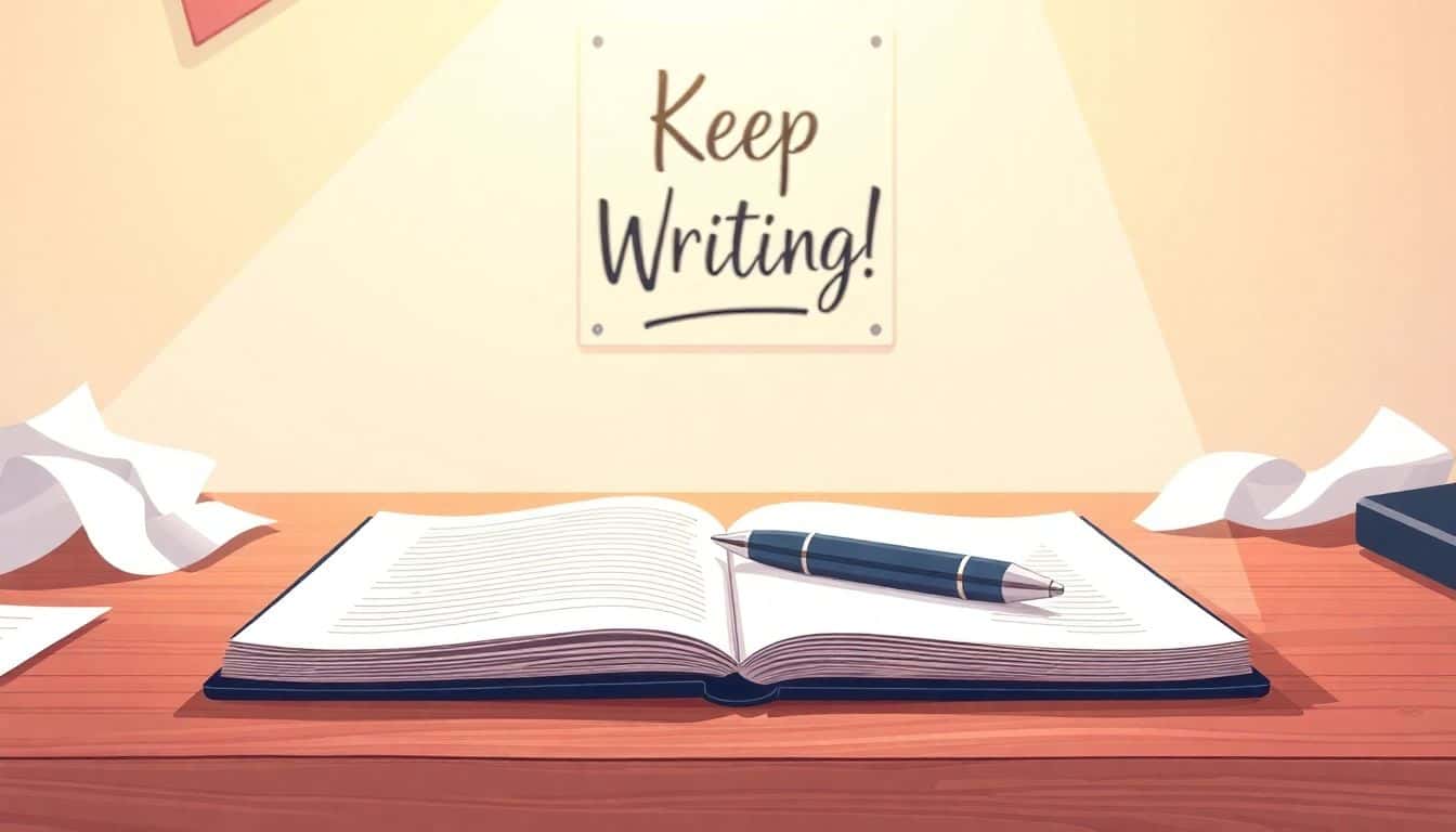 A serene writing desk with an open notebook and pen, surrounded by crumpled papers and a motivational poster that says 'Keep Writing!', all bathed in soft, warm light and soft pastel colors.