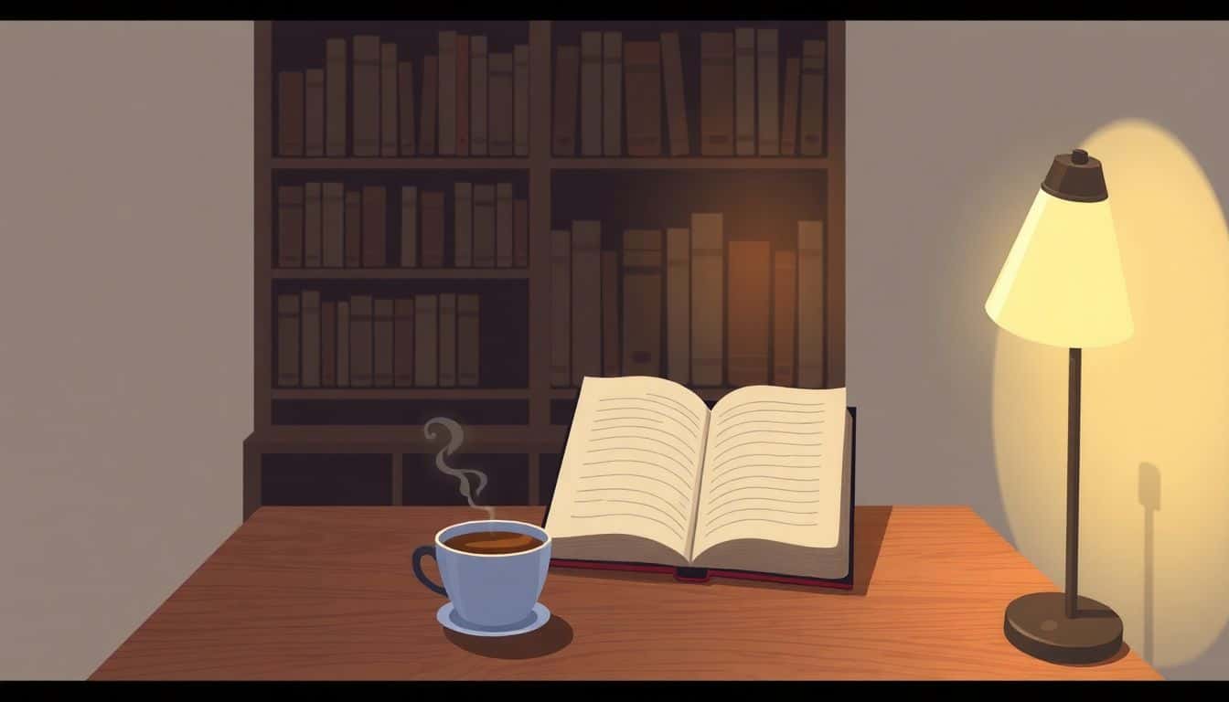 A cozy writer's nook featuring a small wooden desk with a steaming cup of coffee and an open notebook, set against a dimly lit bookshelf filled with classic novels and a softly glowing lamp, creating a serene and inspiring atmosphere.