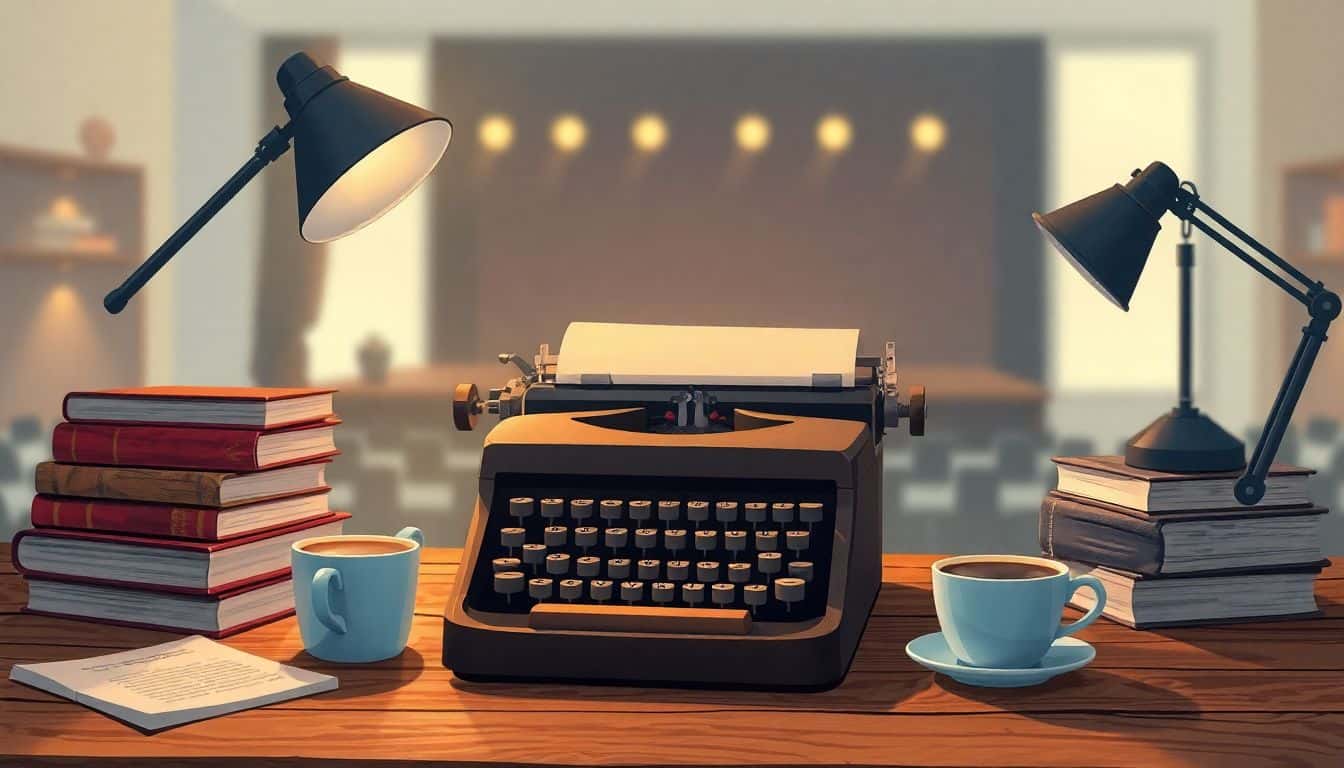 Cozy writer's workspace with a vintage typewriter on a wooden desk, a stack of books, and a warm cup of coffee, set against a softly blurred background suggesting an event stage.