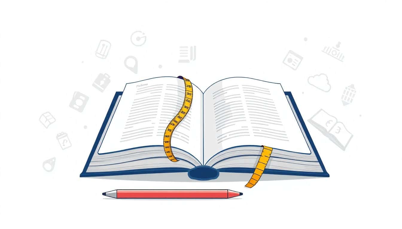 Open book with a measuring tape and pencil beside it on a pastel background, featuring faint genre icons for fiction and non-fiction integrated into the backdrop.