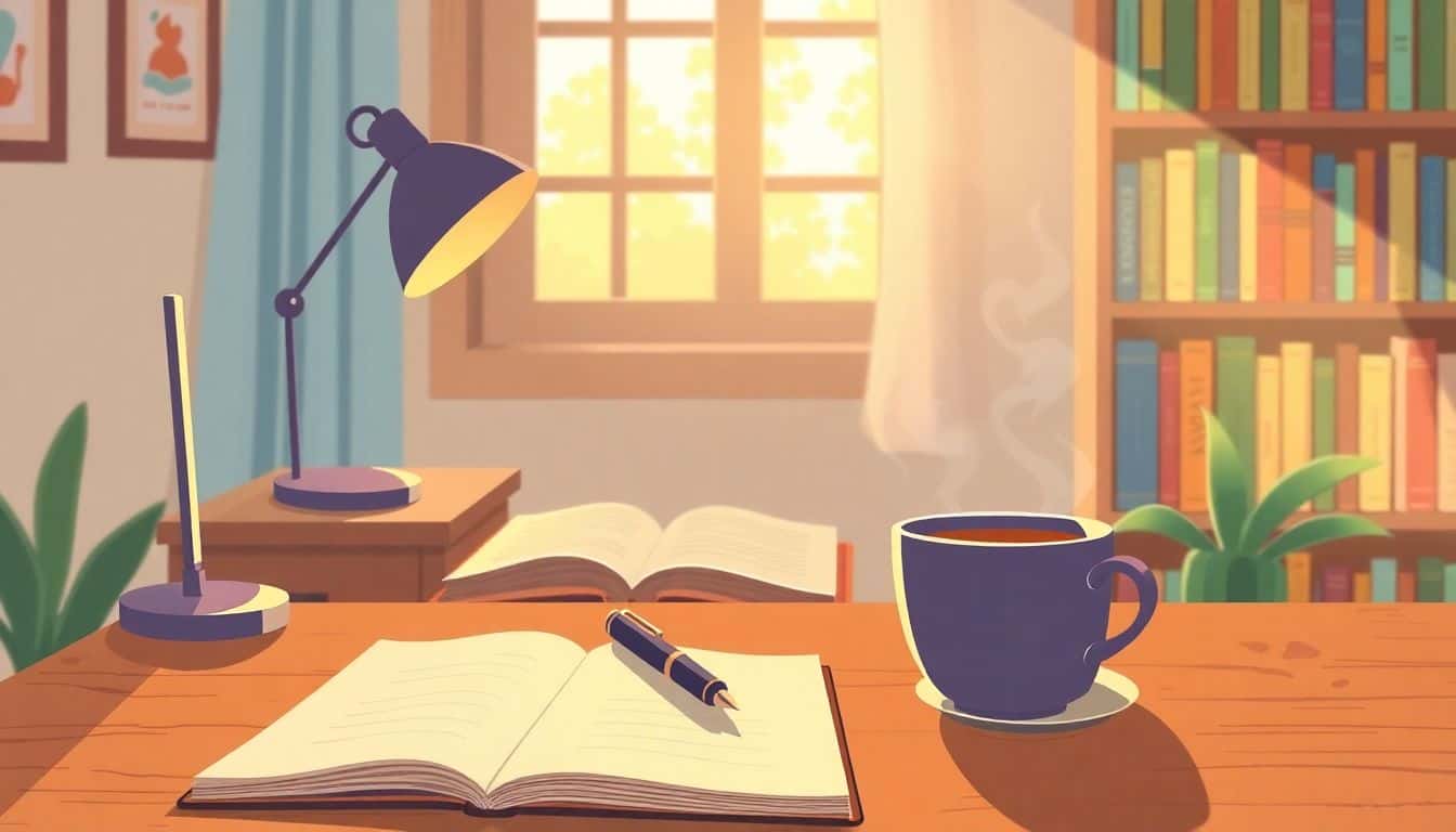 A cozy writing space with a wooden desk featuring an open notebook, a fountain pen, and a steaming cup of tea or coffee; warm light from a desk lamp and sunlight through a window; an inviting bookshelf filled with colorful books in the background.