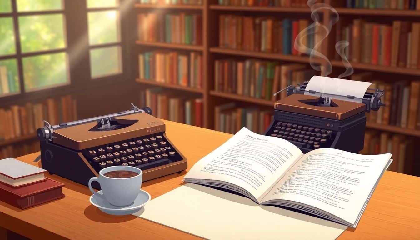 A serene writer's desk with an open manuscript, a vintage typewriter, and a steaming cup of coffee, set against a blurred bookshelf. Gentle light streams through a window, creating a calming atmosphere.