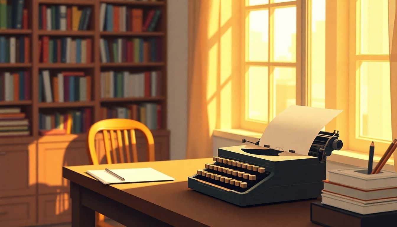 An inviting writing desk with a vintage typewriter and a blank notepad, illuminated by warm natural light, with a softly blurred bookshelf of colorful fiction books in the background.