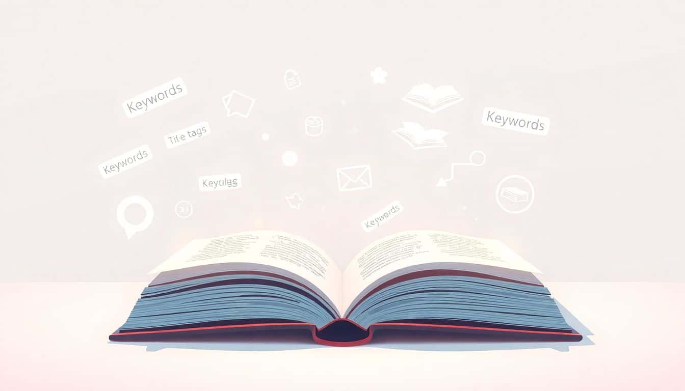 Open book surrounded by glowing, artistic symbols of metadata like keywords and title tags, set against a minimalist pastel gradient background.