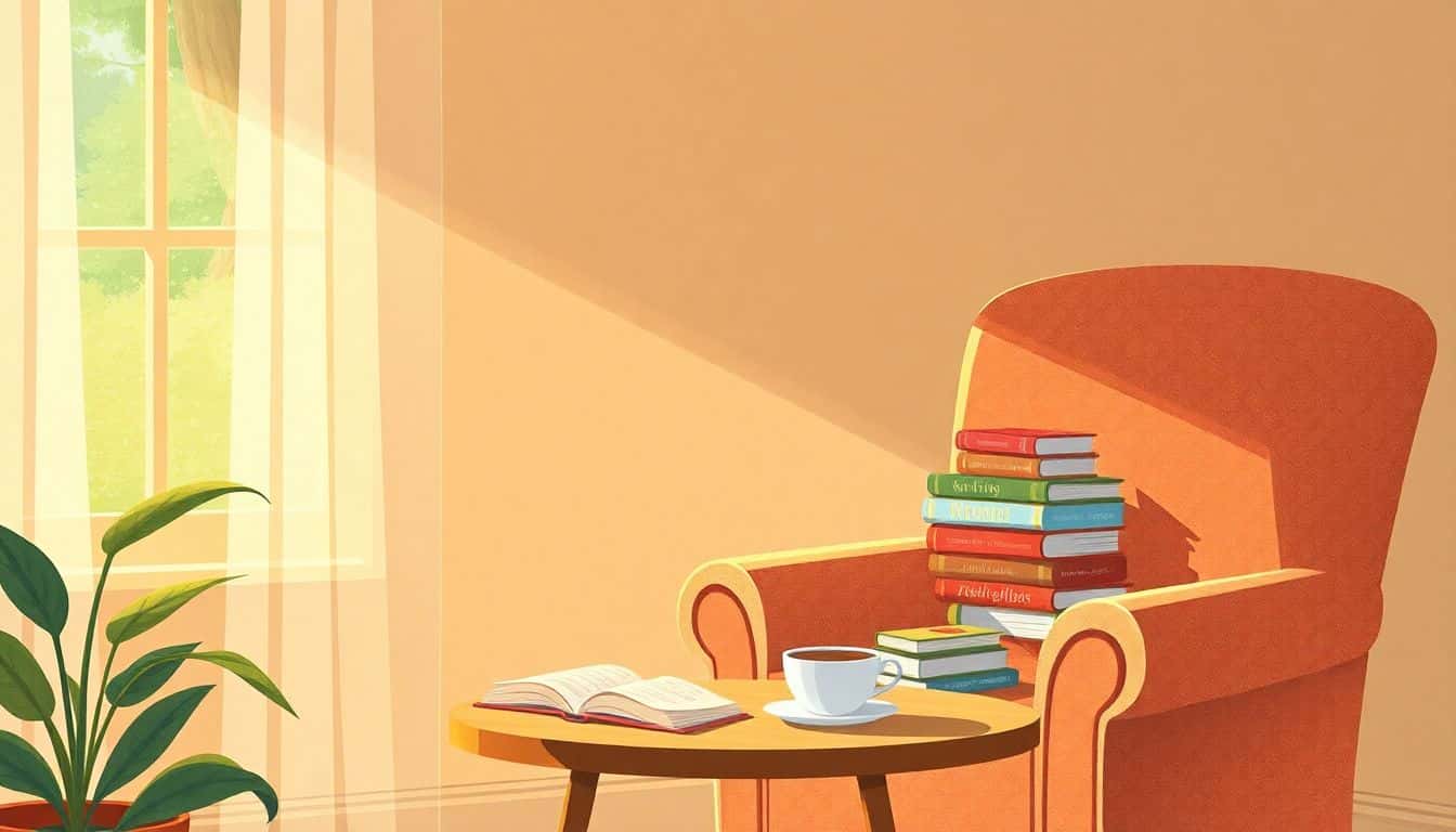 Serene reading nook with a cozy armchair, small table stacked with illustrated short story anthologies, warm light casting a gentle glow, potted plant, and a steaming cup of tea or coffee.