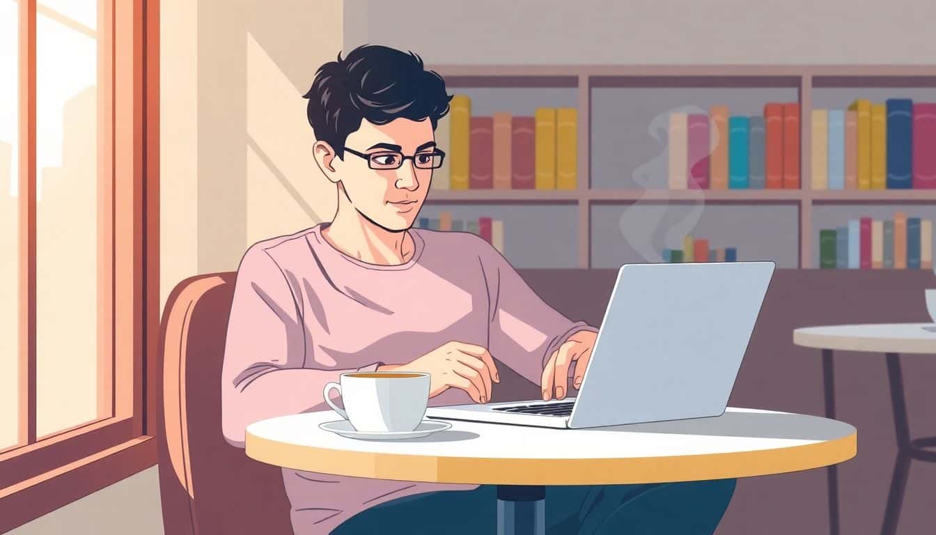 Cozy coffee shop with a person sitting at a small table, looking at an open laptop displaying an eBook, a steaming coffee cup nearby, and soft sunlight coming through the window, with shelves of colorful books in the background.