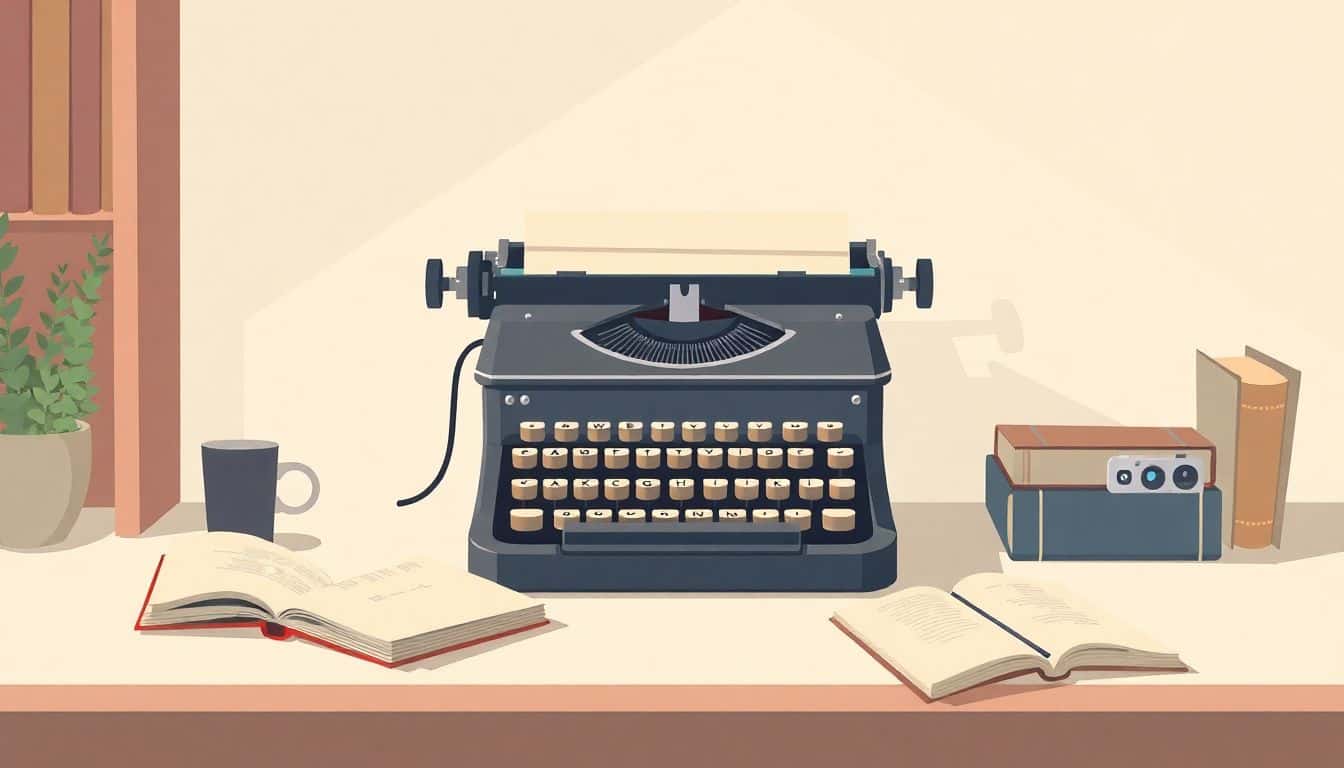 Illustration of a serene workspace featuring a vintage typewriter, scattered books, and subtle social media icons in soft colors, evoking inspiration and creativity.