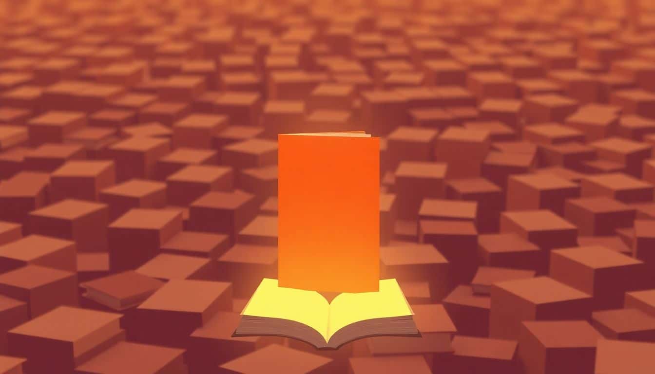 A solitary book illuminated by a glowing aura stands prominently on a blurred ocean of indistinct books, set against a warm and inviting color palette.