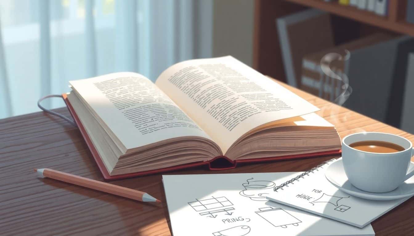 Open book on a wooden desk with a pencil, notepad featuring sketches, and a steaming cup of coffee, all illuminated by soft natural light with a blurred background.