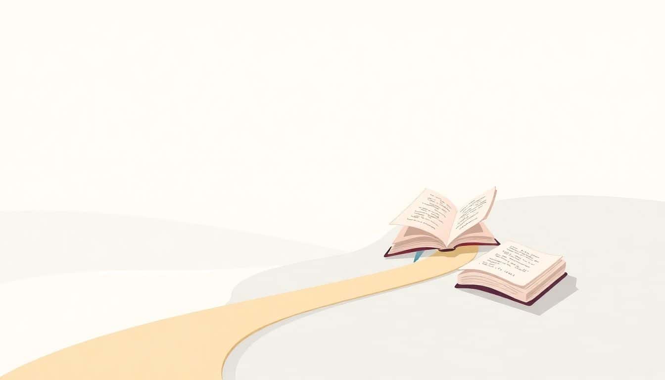 Illustration of a winding path through a serene landscape, with a single open book along the path and gently flipping pages, set against a minimalistic background with soft colors.