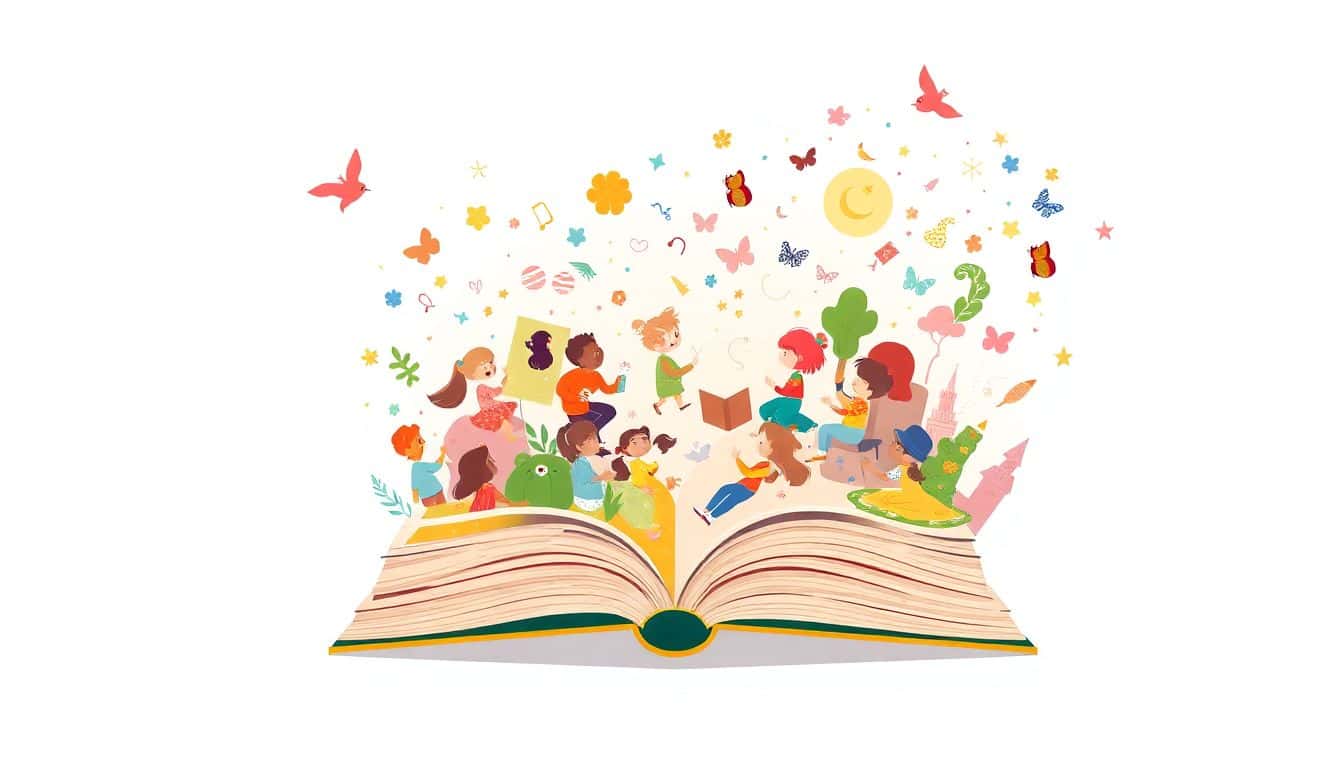 Whimsical illustration of an open book with colorful illustrations swirling around it, featuring diverse children reading together and playful characters, set against a simple serene background.