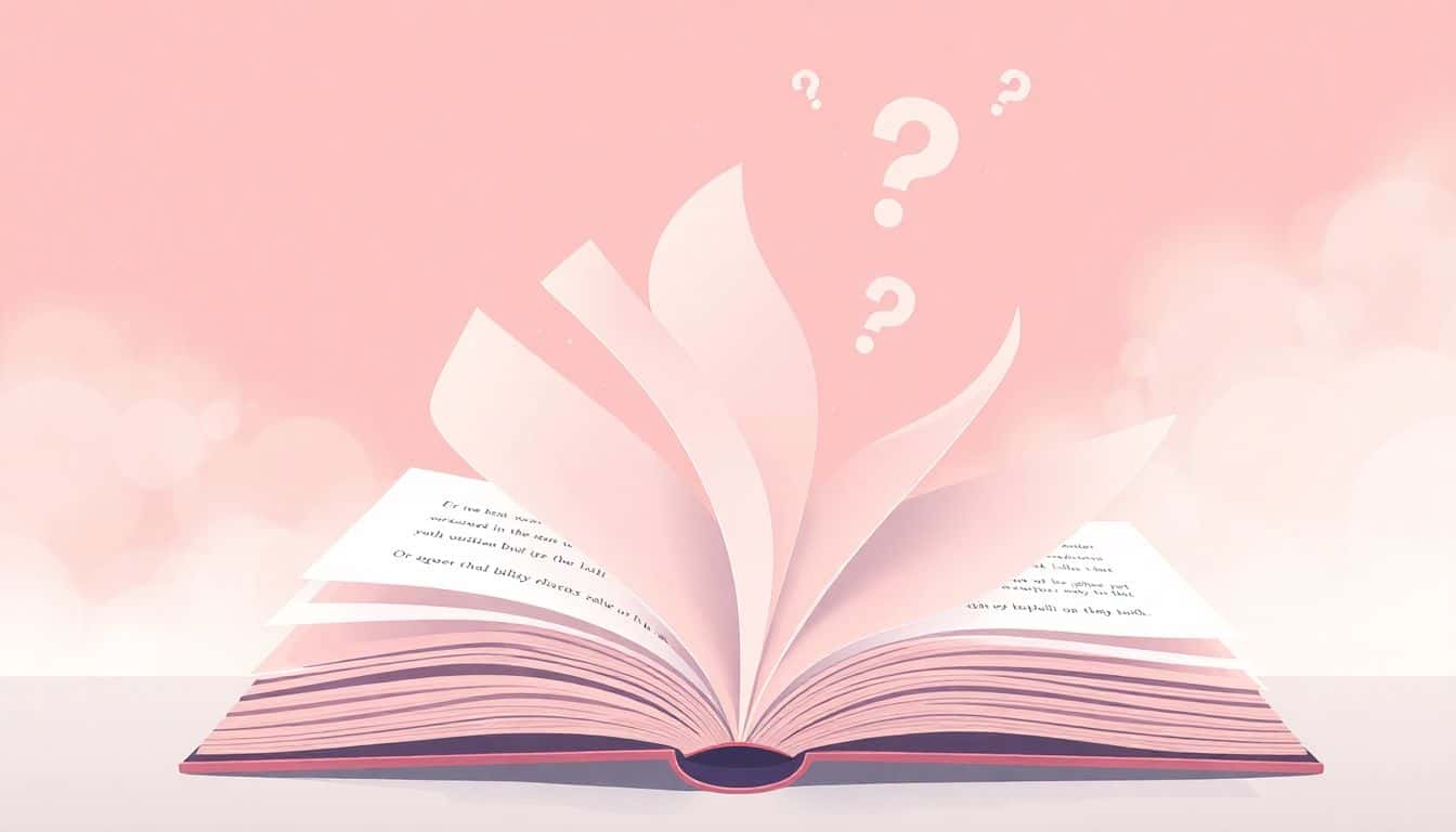 Illustration of an open book with swirling pages transforming into question marks and surprise expressions, set against a dreamy pastel background.