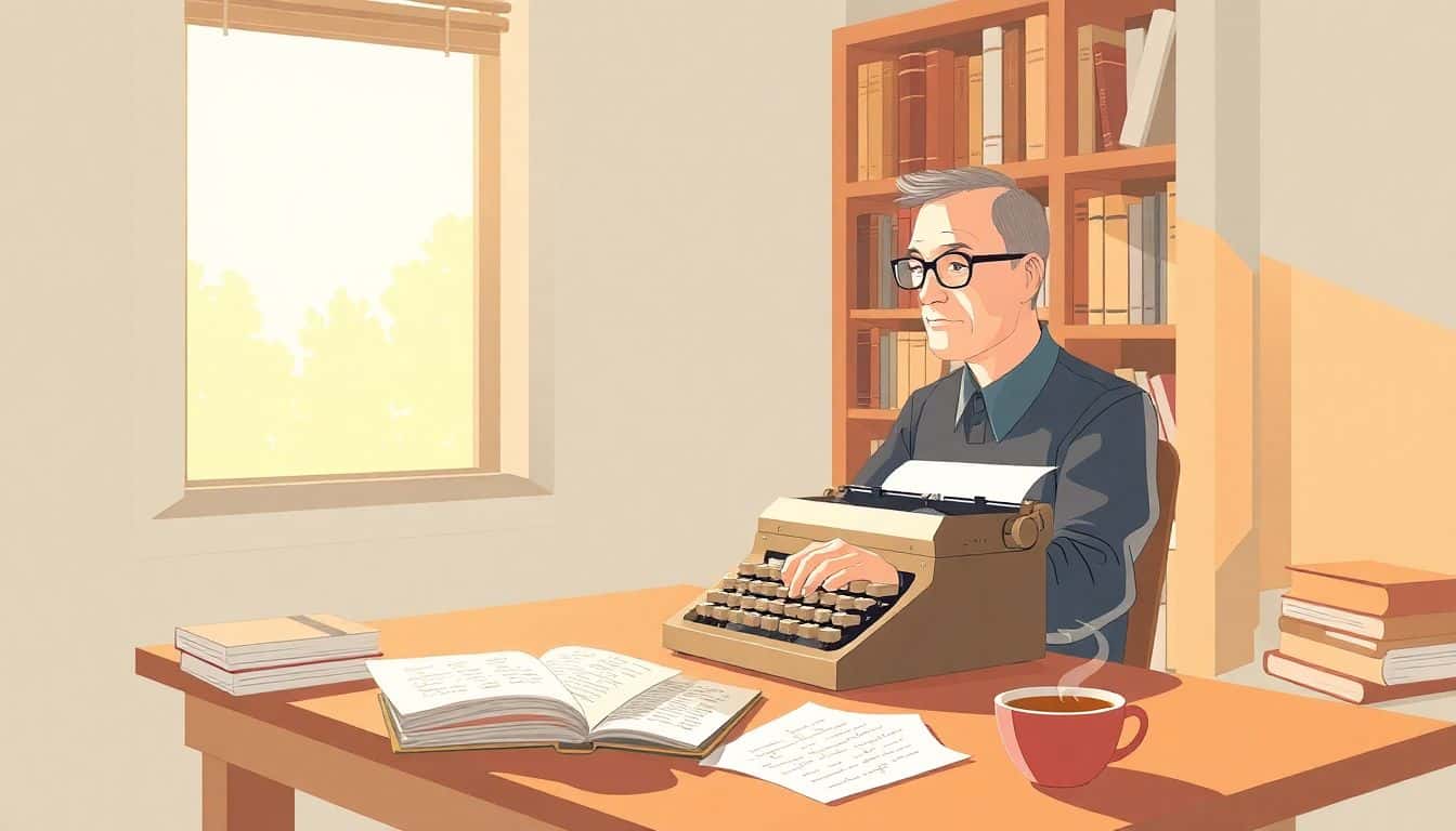 A middle-aged person with glasses sits at a wooden desk in a cozy nook, typing on a vintage typewriter, surrounded by bookshelves filled with books. Sunlight streams through a window, highlighting a stack of handwritten notes and a steaming cup of coffee, creating a calm and inspiring atmosphere.