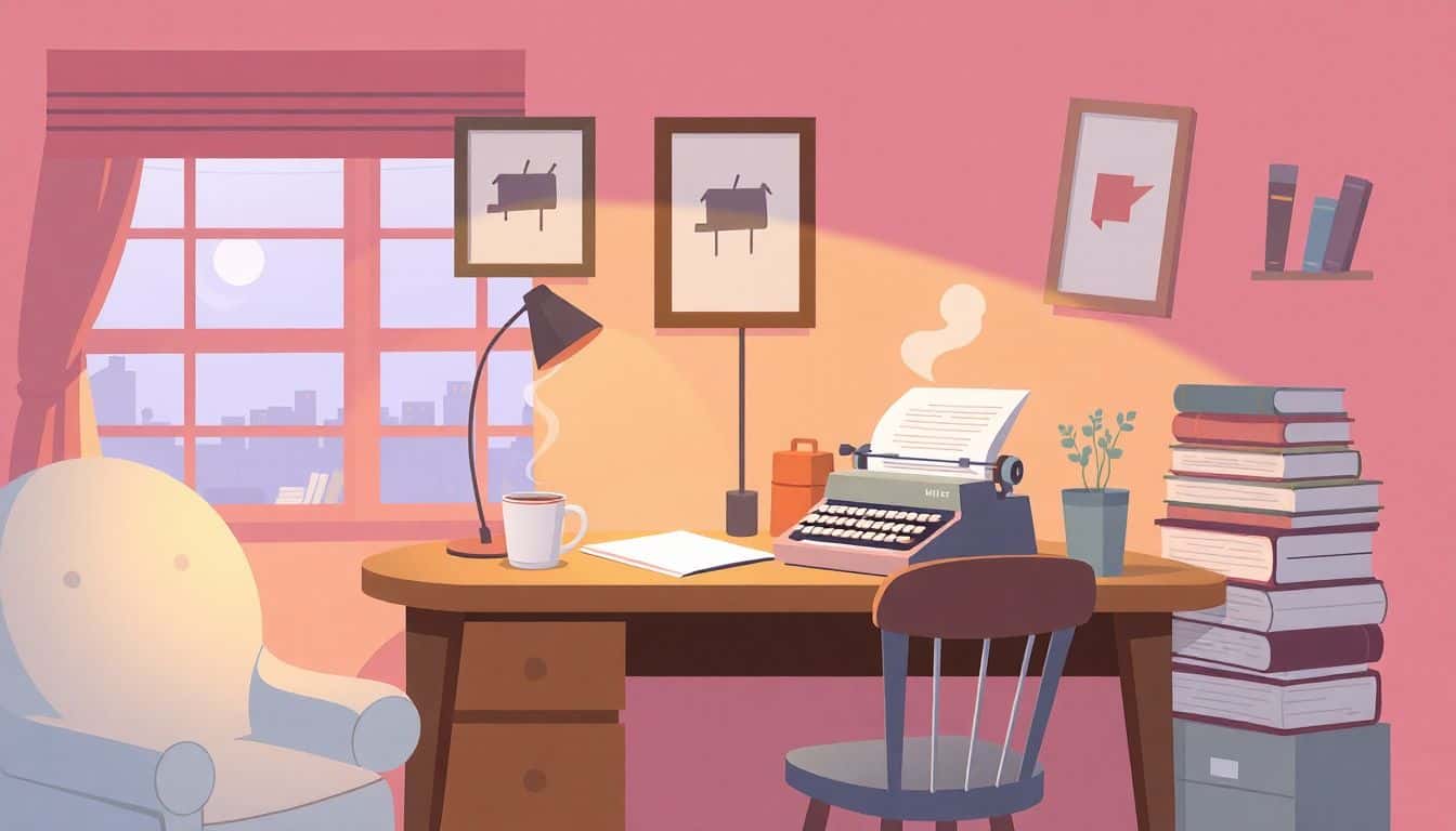 Cozy workspace with a writing desk, a classic typewriter, a steaming cup of coffee, stacked inspirational books, and a framed mailbox picture, all in soft pastel colors.