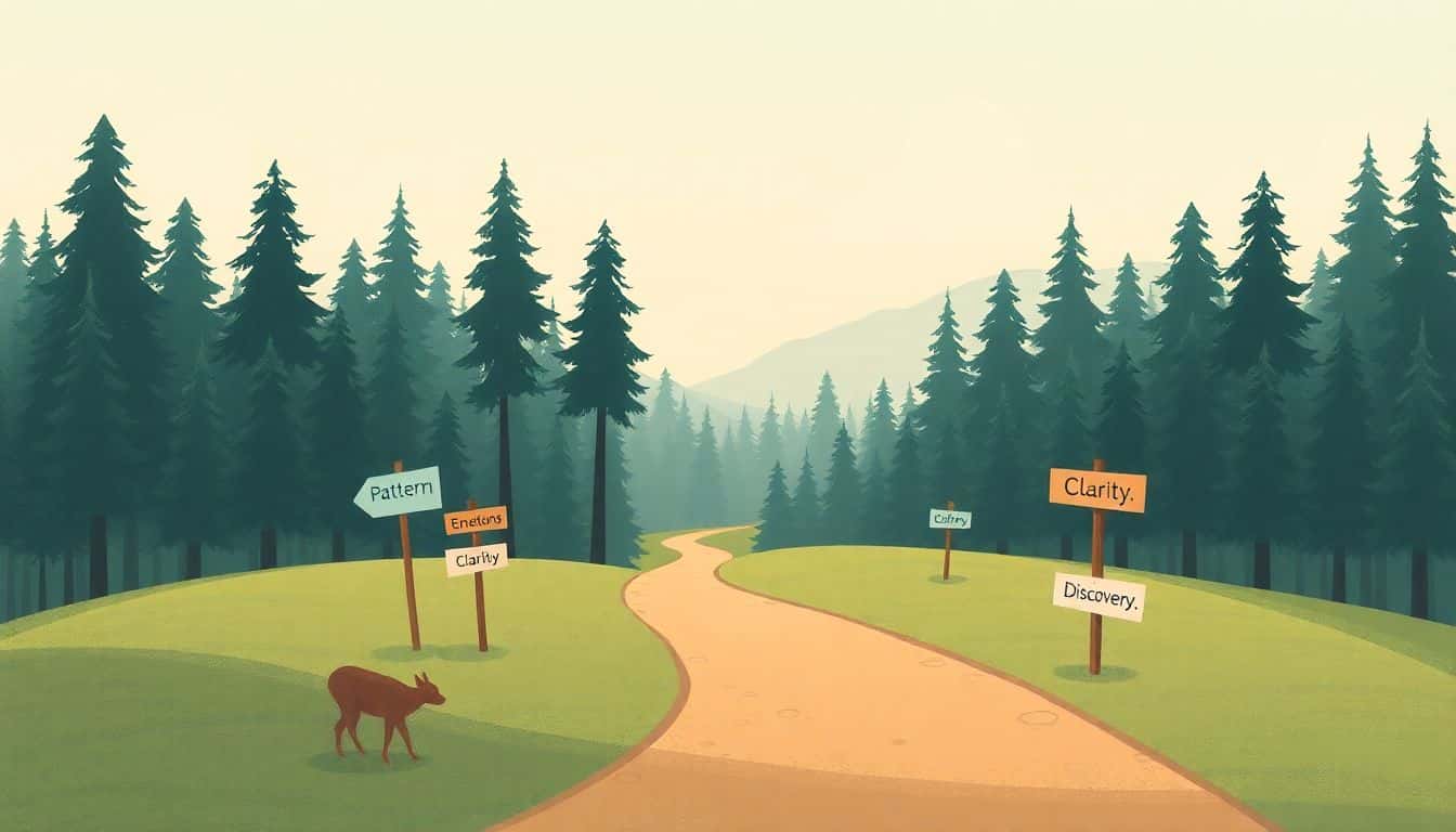 An illustration of a serene landscape with a winding path through a tranquil forest, featuring signs labeled 'Patterns', 'Emotions', 'Clarity', and 'Discovery', in soft colors and gentle lighting.