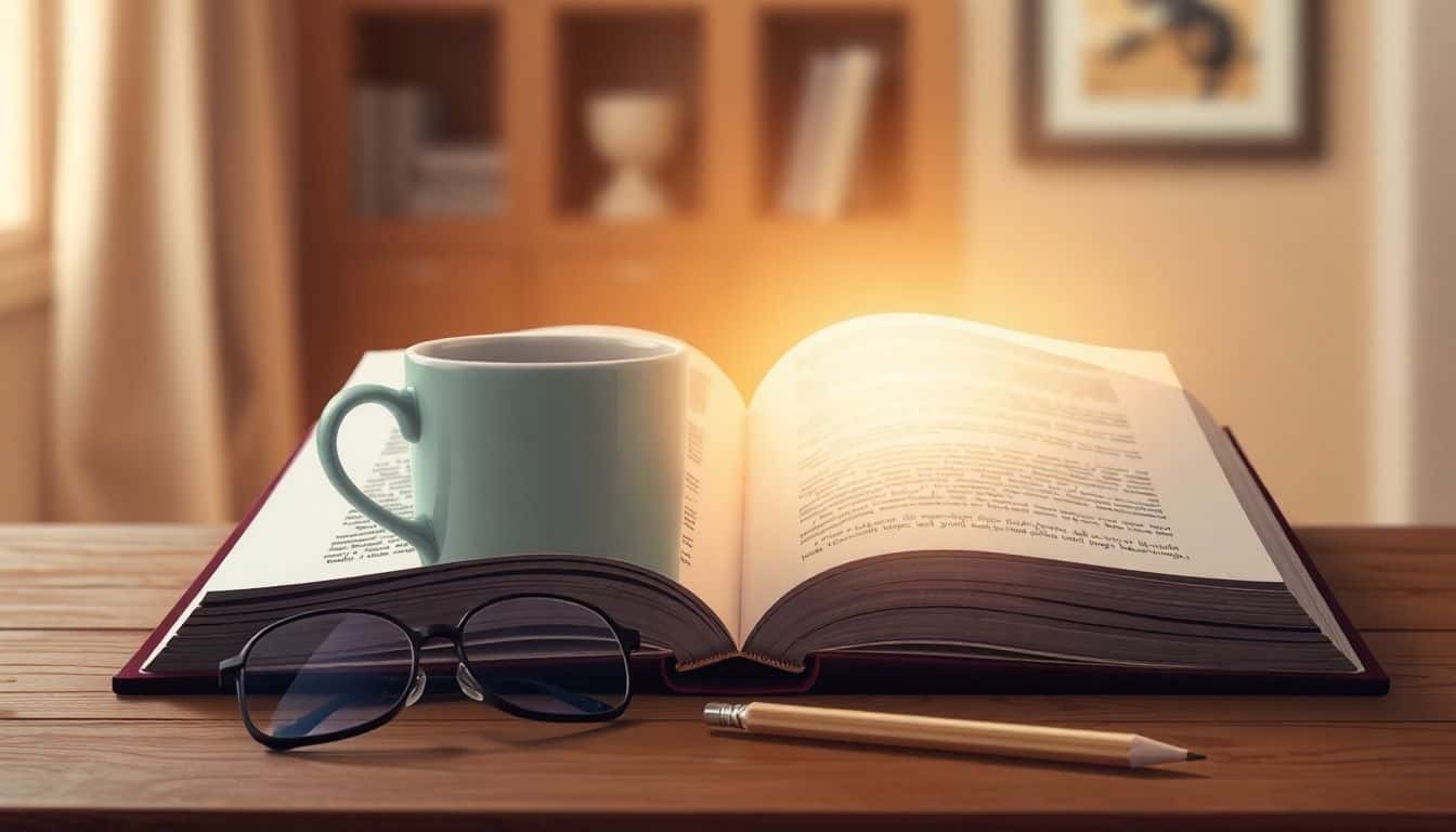 An open book with glowing pages sits on a wooden table, surrounded by a soft coffee mug, reading glasses, and a used pencil, all set against a blurred warm-toned room.