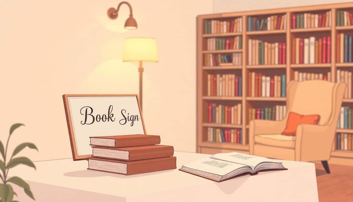 A cozy reading nook set up for a book signing event, featuring a table with stacked books and an elegant 'Book Signing' sign, a warm lamp in the background, a bookshelf filled with books, and a comfortable chair in calming pastel tones.