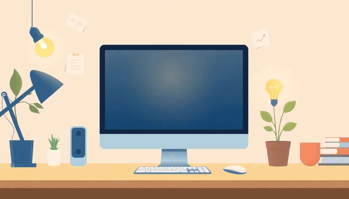 A serene workspace with a glowing computer screen and a blinking cursor, surrounded by abstract representations of old content transforming into new ideas, such as papers morphing into lightbulbs and plants growing from books, in a calming color palette.