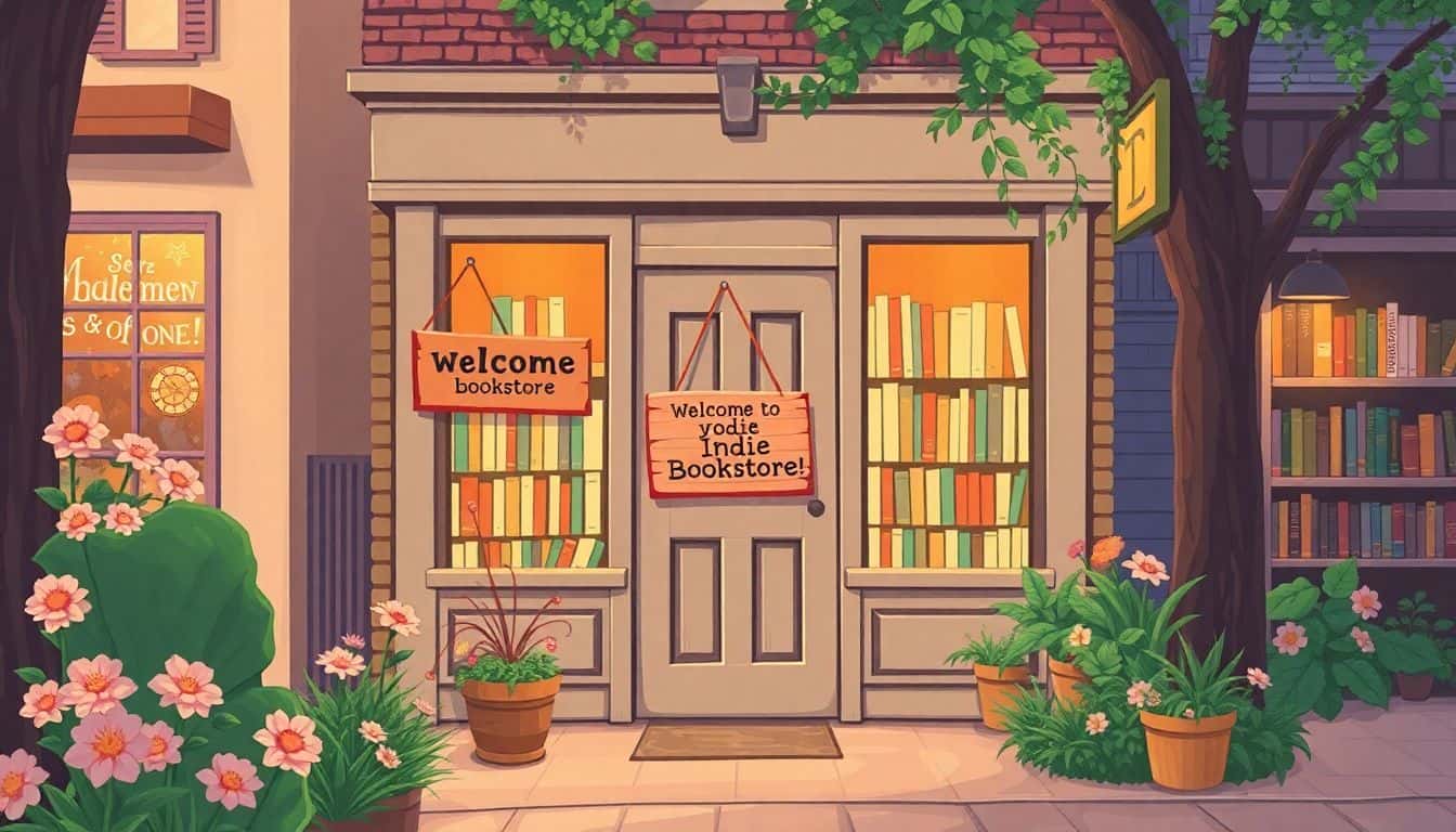 Cozy indie bookstore with a wooden sign saying "Welcome to Your Indie Bookstore!" surrounded by blooming flowers and a quaint sidewalk, bathed in soft, warm lighting.