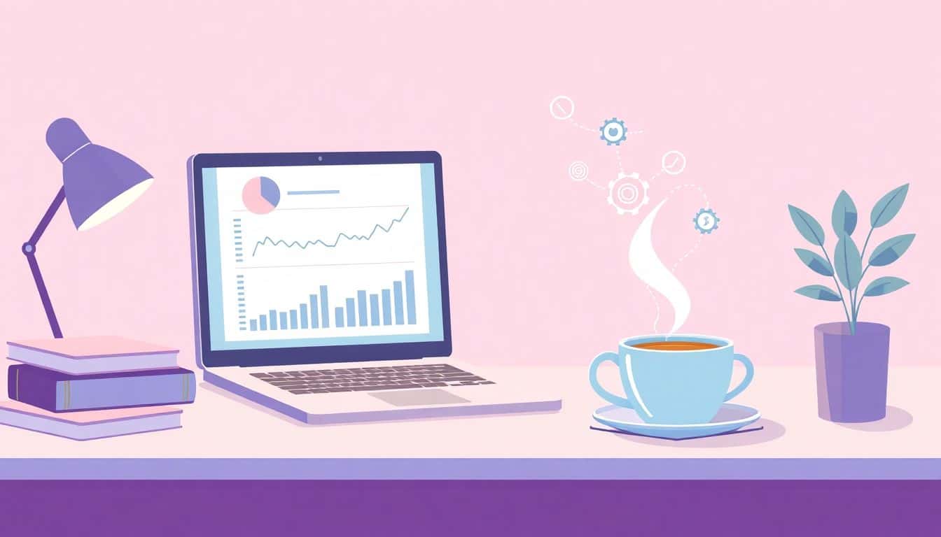 Illustration of a peaceful workspace with a cozy desk, a laptop showing graphs and charts, a steaming cup of tea or coffee, and floating icons of gears and checkmarks, all in soft pastel colors.