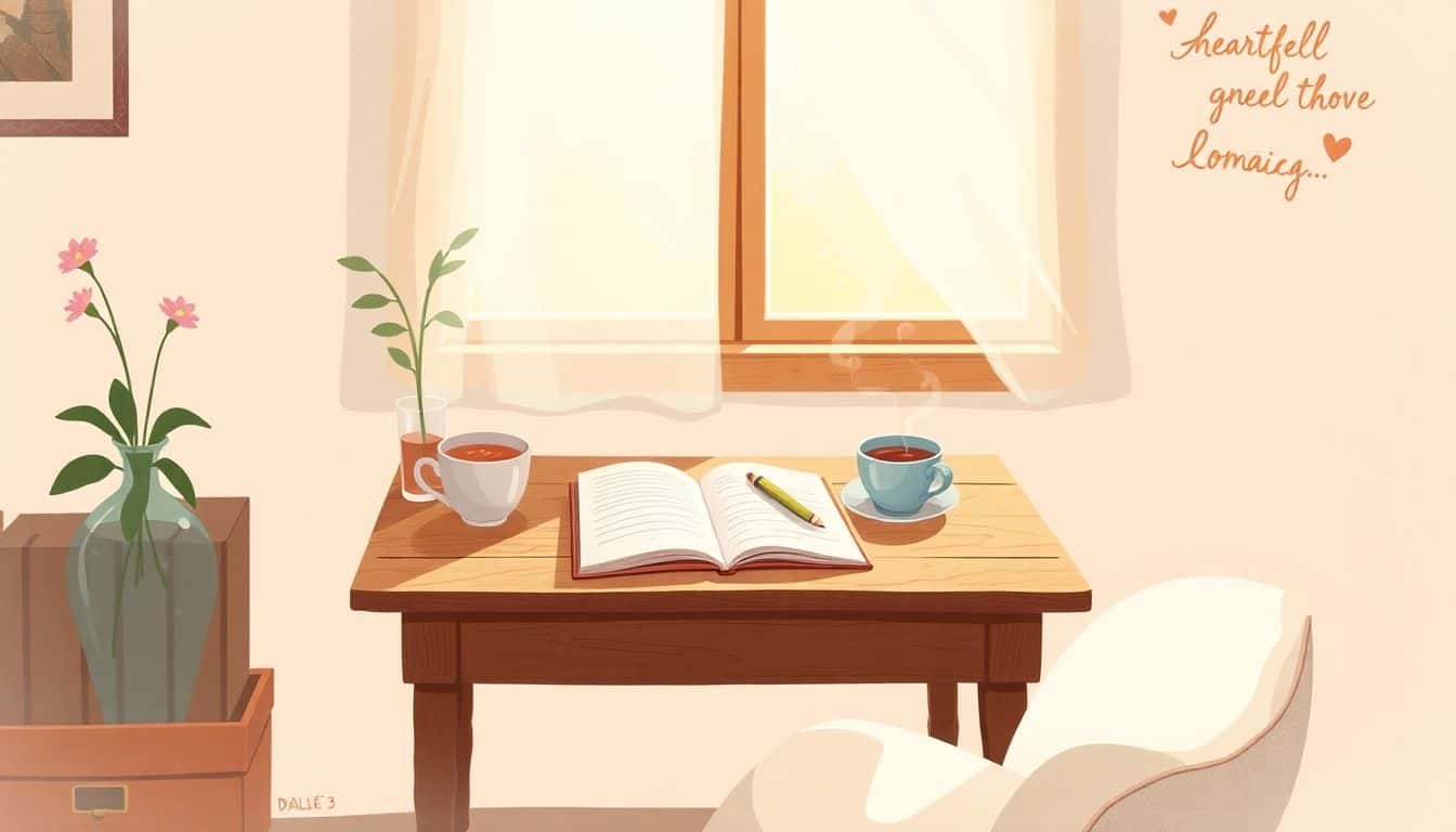 Cozy writing nook with a wooden desk, open notebook, pen, steaming cup of tea, soft morning light, sheer curtains, and a blooming flower in a vase.