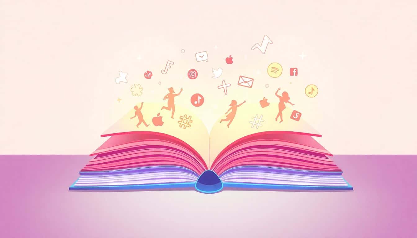 Illustration of an open marketing book with glowing pages, emitting vibrant TikTok-related icons like dancing figures and hashtags, set against a soft pastel-colored abstract background.