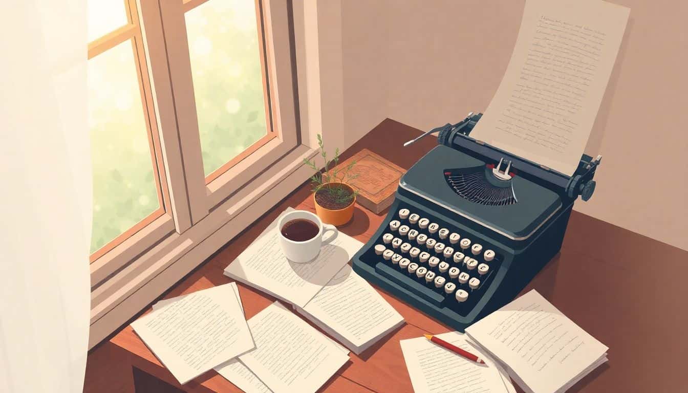 Cozy writing nook featuring a vintage typewriter, a cup of coffee, and scattered handwritten pages, with a serene window view and soft sunlight filtering in, evoking inspiration and creativity.
