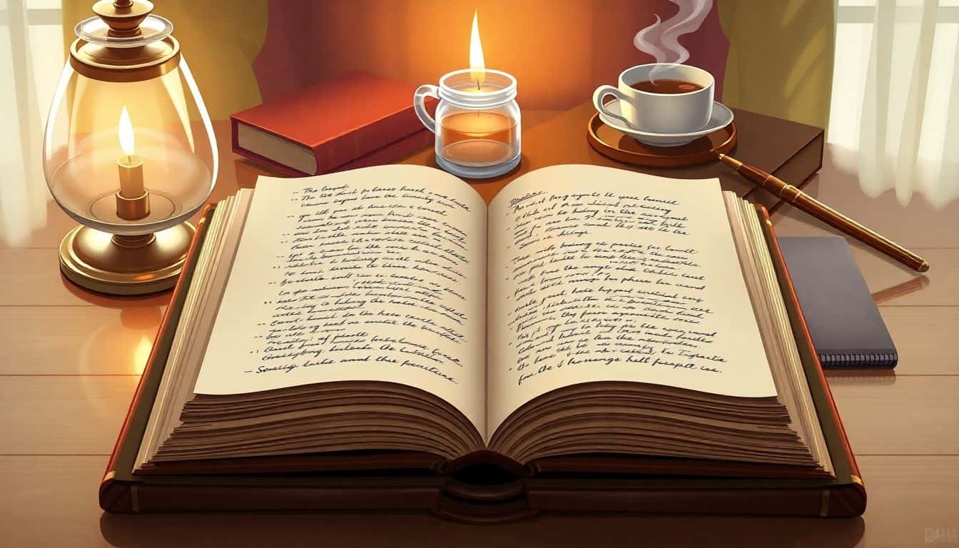 Open book showing organized pages with handwritten notes, character sketches, and plot outlines, set in a cozy writing space with soft lighting, a quill pen, and a steaming cup of tea in the background.