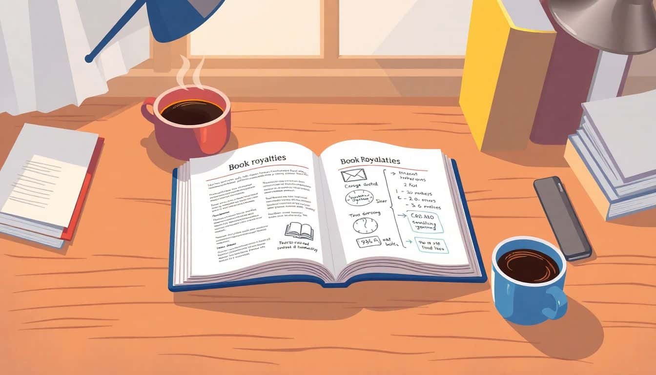 Cozy workspace with a wooden desk, an open notebook filled with notes on book royalties, a steaming cup of coffee, and warm lighting.