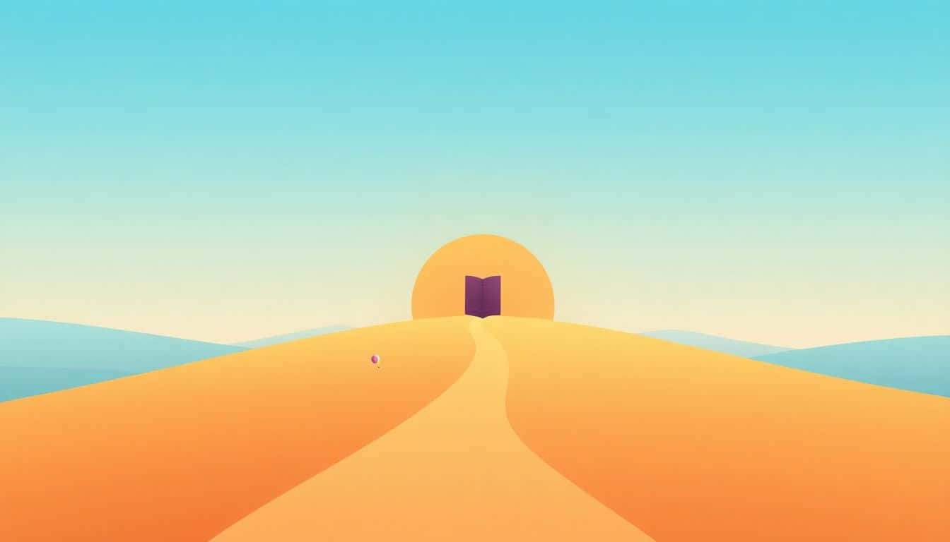 A minimalistic illustration of a serene landscape with a winding path leading to a distant book-shaped landmark, under a gradient sky of soft blue and warm sunset hues, with small colorful balloons drifting along the path.