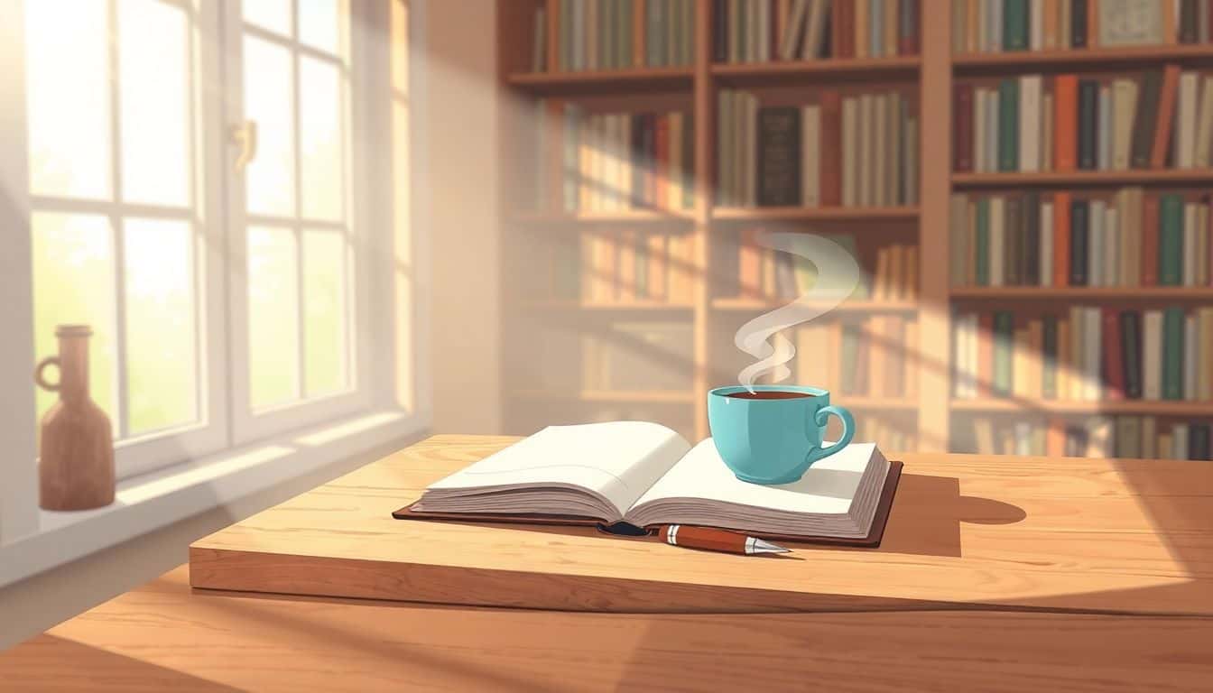 A cozy writing space featuring a small wooden desk with an open notebook, a fountain pen, and a steaming cup of coffee, illuminated by soft sunlight through a large window, with a bookshelf filled with books in the background.