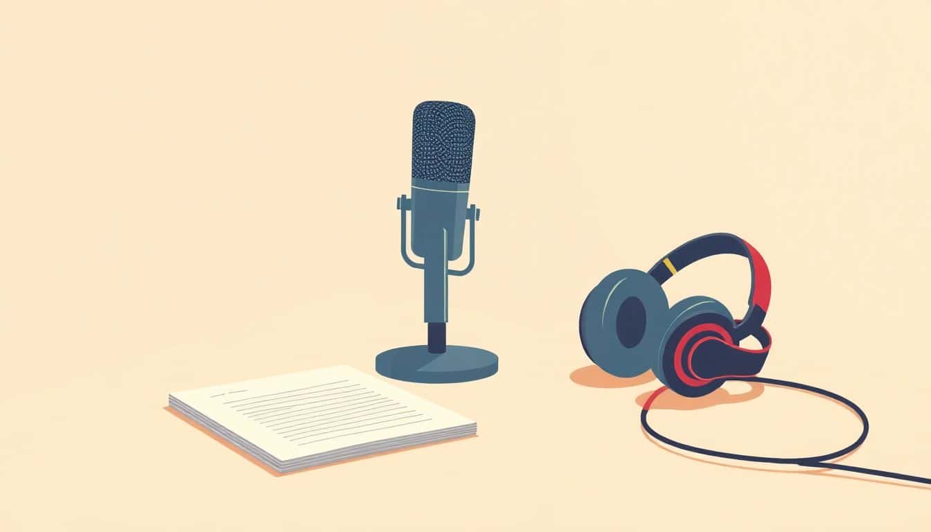 Minimalist illustration of a workspace featuring a microphone, headphones, and a notepad on a clean table, set against a subtle background with a warm color palette.