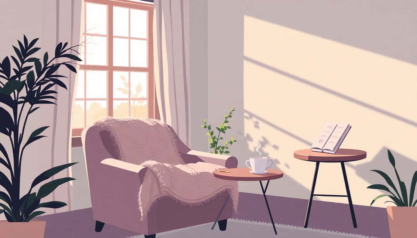 Cozy reading nook with a comfortable armchair, a plush throw blanket, a small side table holding an open book and a steaming cup of tea, and a window letting in soft natural light.