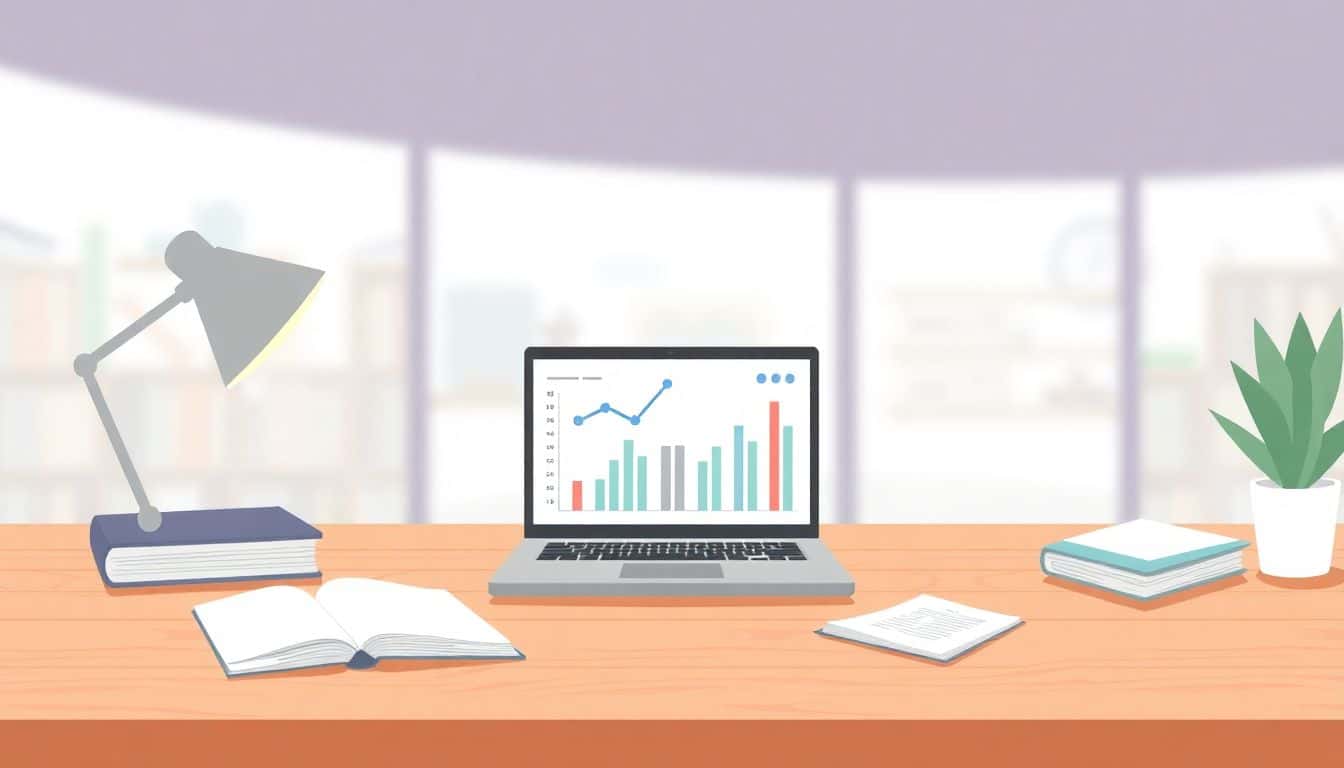A minimalist workspace featuring a desk with a laptop displaying graphs and analytics, surrounded by scattered books, all in soft, calming colors with a blurred background.