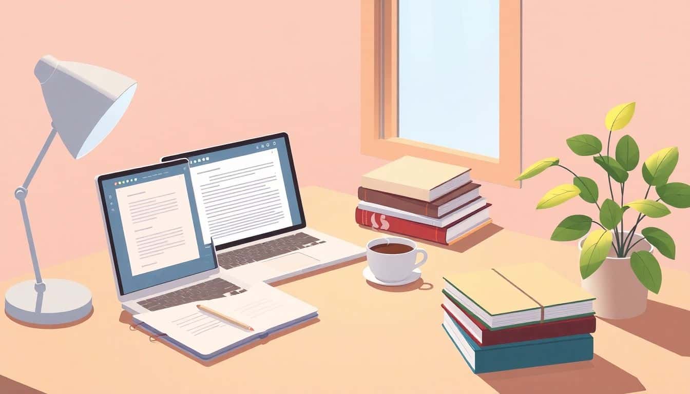 Cozy study space with a desk featuring an open laptop, a stack of writing books, a steaming cup of coffee, and a plant, all under warm lighting in a simple background.