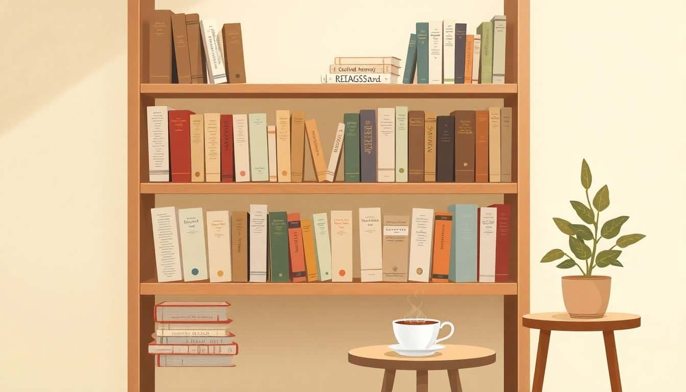 Minimalist bookshelf with classic books, handmade journals, and vintage paperbacks, accompanied by a steaming cup of tea on a small table and a decorative plant, creating a cozy reading nook atmosphere.